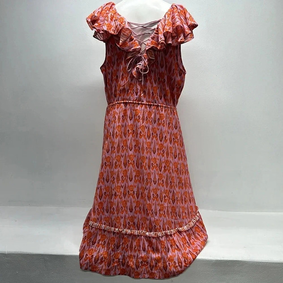 Figue Tahlia Midi Dress Cotton Ruffle Tie Waist Lace Up Back Pink Red Size XL - Picture 7 of 12